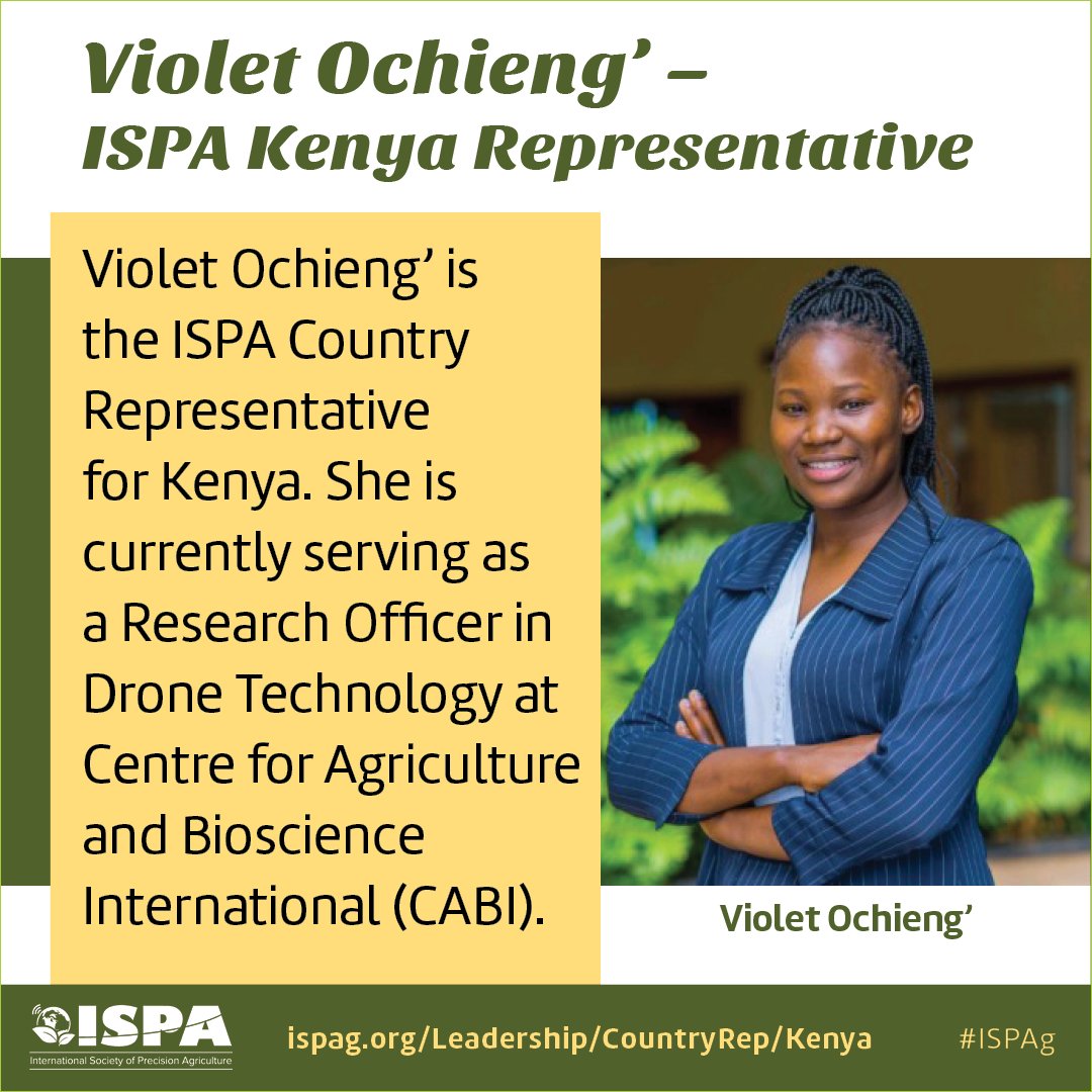 IntSoPA's tweet photo. Violet Ochieng' is the ISPA Country Representative for Kenya. She is currently serving as a Research Officer in Drone Technology at Centre for Agriculture and Bioscience International (CABI).
@OchiengVio
To learn more, please visit: https://t.co/jr82QT9FUW
#ISPAg https://t.co/VPWDMY06XH