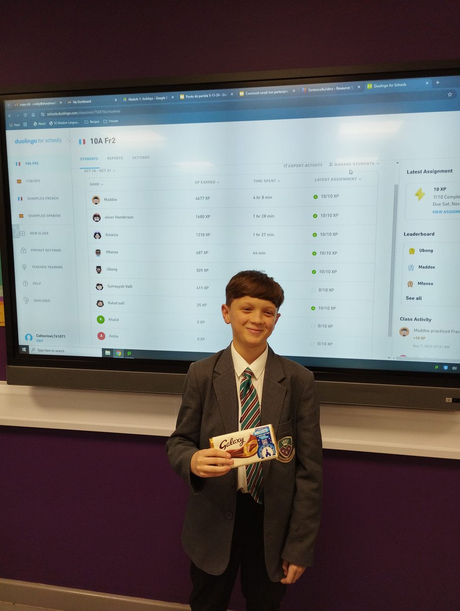 Sharples MFL (@sharplesmfl) on Twitter photo Well done to Maddox in Year 10 who was top of the leaderboard for French Duolingo! 🥇🇨🇵 <a href="/SharplesSchool/">Sharples School</a> Well done to Maddox in Year 10 who was top of the leaderboard for French Duolingo! 🥇🇨🇵 <a href="/SharplesSchool/">Sharples School</a>