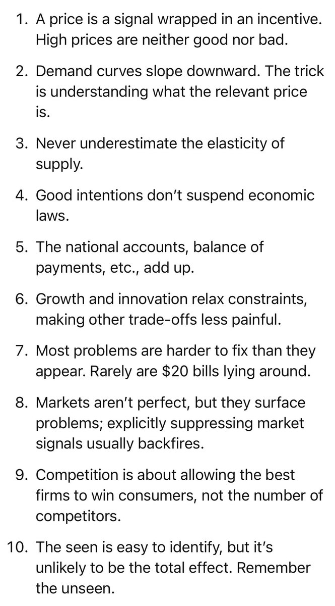 Here’s my pitch, one iPhone screenshot’s worth of principles for what economists can contribute to the policy debates. 

These are things we know as a science that aren’t obvious to others and can be harnessed by anyone to achieve their policy goals.