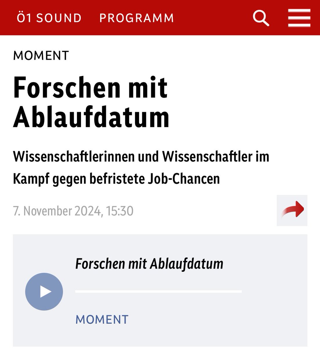 Ö1 hat heute einen sehr informativen Beitrag zu prekären Situationen von Wissenschaftlern in  🇦🇹 gesendet. 
Nachzuhören unter folgendem Link:

oe1.orf.at/programm/20241…
#IchBinHanna #Kettenvertrag