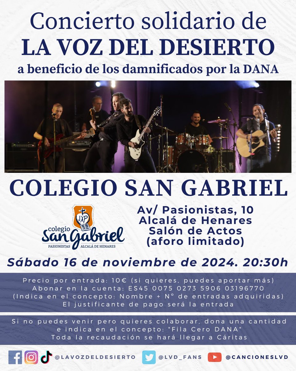 🎸 El sábado 16 de noviembre a las 20:30 daremos un concierto en el salón de actos del Colegio <a href="/SGabrielAlcala/">Colegio San Gabriel. Pasionistas</a> a beneficio de los damnificados por la DANA. 

✔️ La recaudación se hará llegar a <a href="/CaritasAlcala/">Cáritas Alcalá</a>