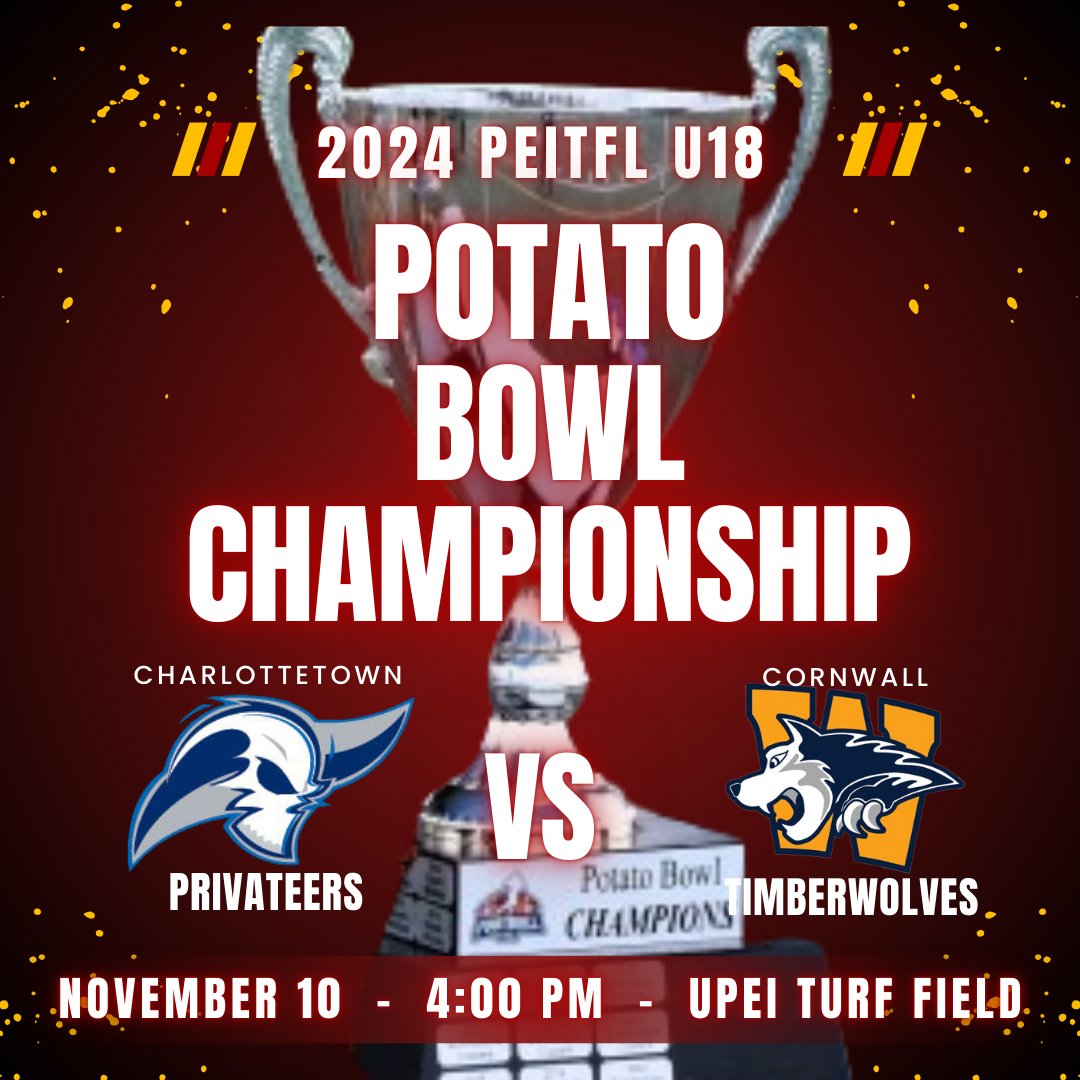 2024 U18 PEI TACKLE FOOTBALL LEAGUE CHAMPIONSHIP!

Charlottetown Privateers vs Cornwall Timberwolves
Sunday, November 10  -  4:00PM  -  UPEI Turf Field