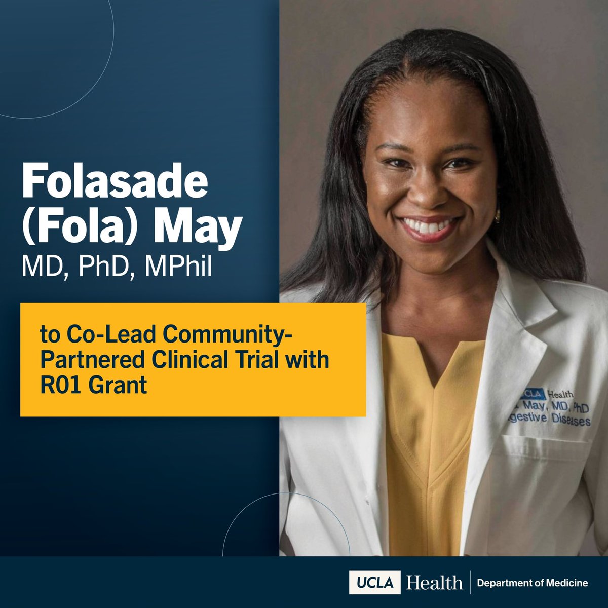 Department of Medicine at UCLA Health (@dom_ucla) on Twitter photo We're celebrating a remarkable achievement for <a href="/drfolamay/">Fola May, MD PhD</a> who has received a $3 million R01 grant from the NIH! She will co-lead a trial focused on improving colorectal cancer screening follow-up rates in underserved populations. Discover more here: uclahs.fyi/40iV27r We're celebrating a remarkable achievement for <a href="/drfolamay/">Fola May, MD PhD</a> who has received a $3 million R01 grant from the NIH! She will co-lead a trial focused on improving colorectal cancer screening follow-up rates in underserved populations. Discover more here: uclahs.fyi/40iV27r