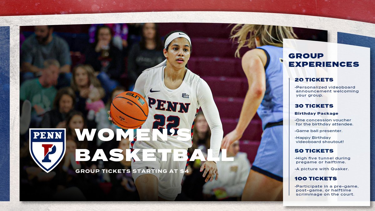 Women's basketball season is back in full swing! Plan your group trip to see the Quakers in action at the Palestra this season! 

Group tickets and exclusive experiences for groups of 20 or more are available starting at $4/ticket. 

🎟️:pennathletics.evenue.net/events/WBH