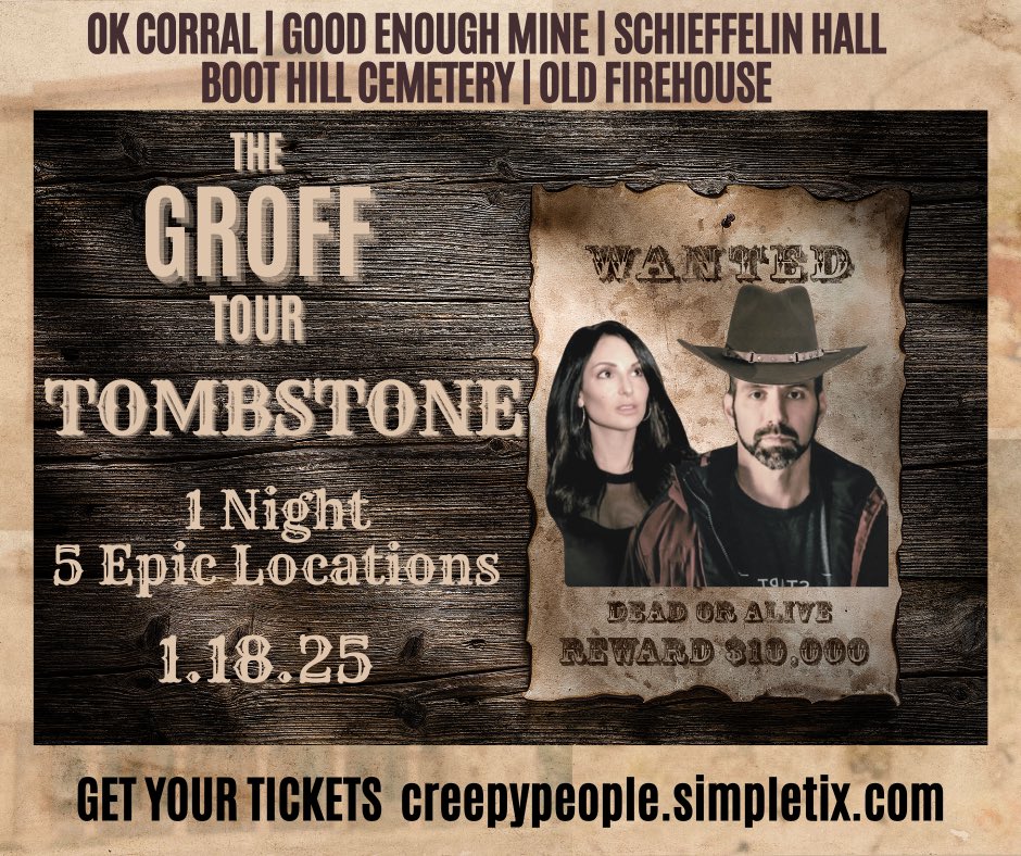 Join us! We’re so excited to be heading to Tombstone this January! We’ll be investigating the OK Corral, Good Enough Mine, Schieffelin Hall, Boot Hill Cemetery and Old Firehouse! Don’t miss out on the opportunity to investigate all these iconic haunted locations with us!