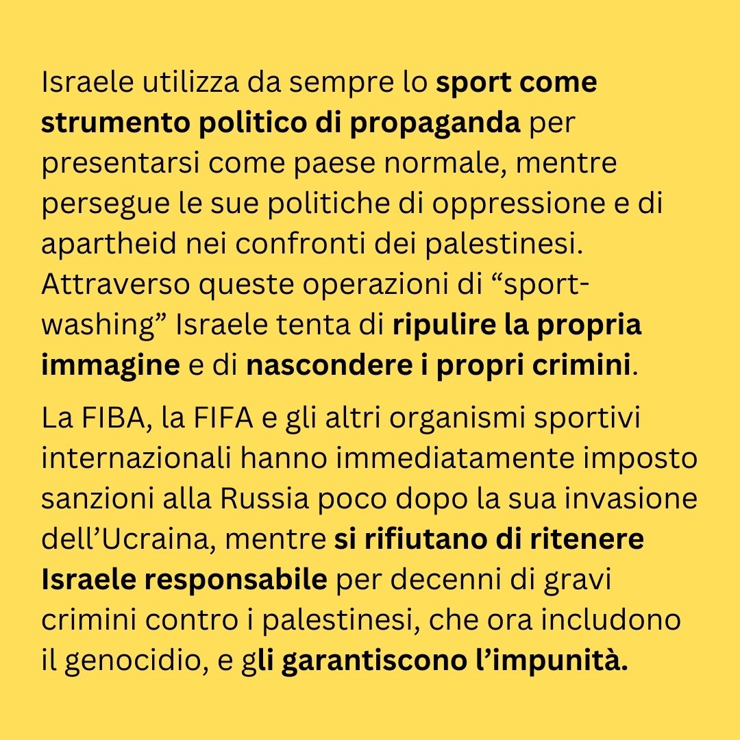 bdsitalia's tweet photo. Protestiamo contro la partecipazione del Maccabi Tel Aviv alla partita di Eurolega contro la Virtus Bologna.
Firmiamo per chiedere l'esclusione di Israele dalle competizioni internazionali di basket: https://t.co/JagVG6sDzs
#BanIsrael
End #GazaGenocide https://t.co/nQDp841pRf