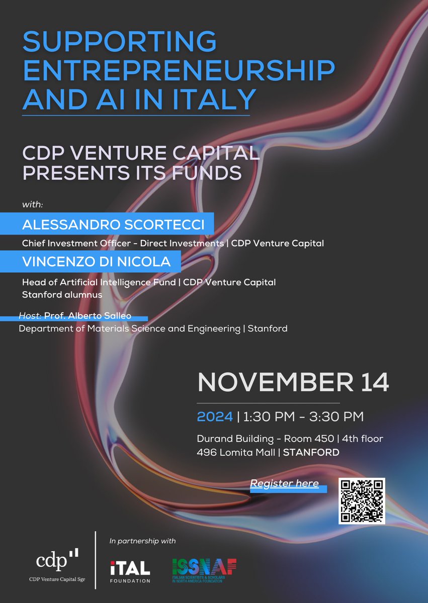 vincenzo's tweet image. 🇮🇹 14 Novembre, ore 1:30pm, #CDPVentureCapital a @Stanford. Presenteremo i fondi di investimento a potenziamento delle #startup in Italia, tra cui il nuovo fondo #IntelligenzaArtificiale.

Se siete studenti, ricercatori, imprenditori (o con l'ambizione di creare impresa in