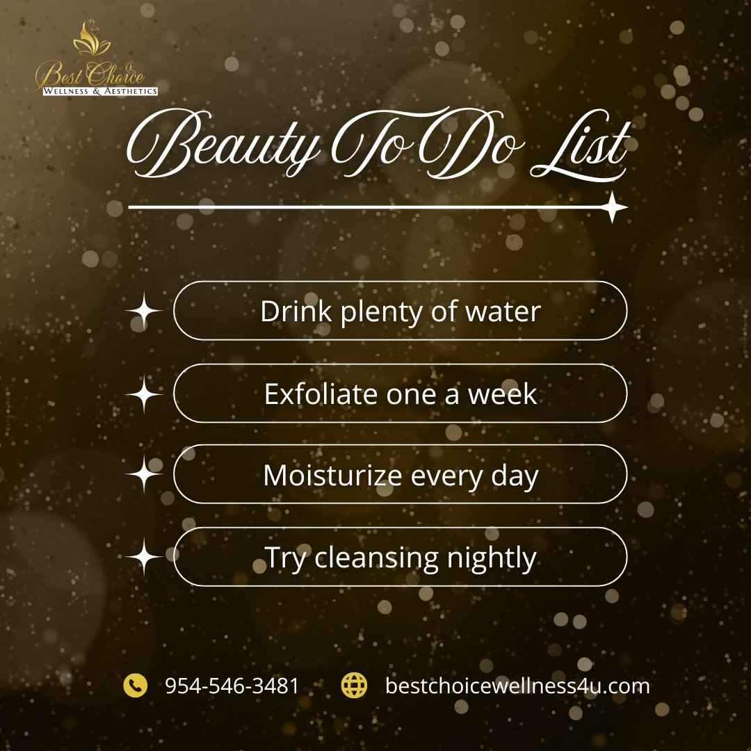 BWellness4u's tweet photo. ✨ Beauty To-Do List ✨

Drink plenty of water 💧
Moisturize every day 🧴
Exfoliate once a week 🌿
Try cleansing nightly 🌙

Simple habits for glowing skin! Start incorporating these into your routine today and see the difference! https://t.co/HQwKUaJ02o