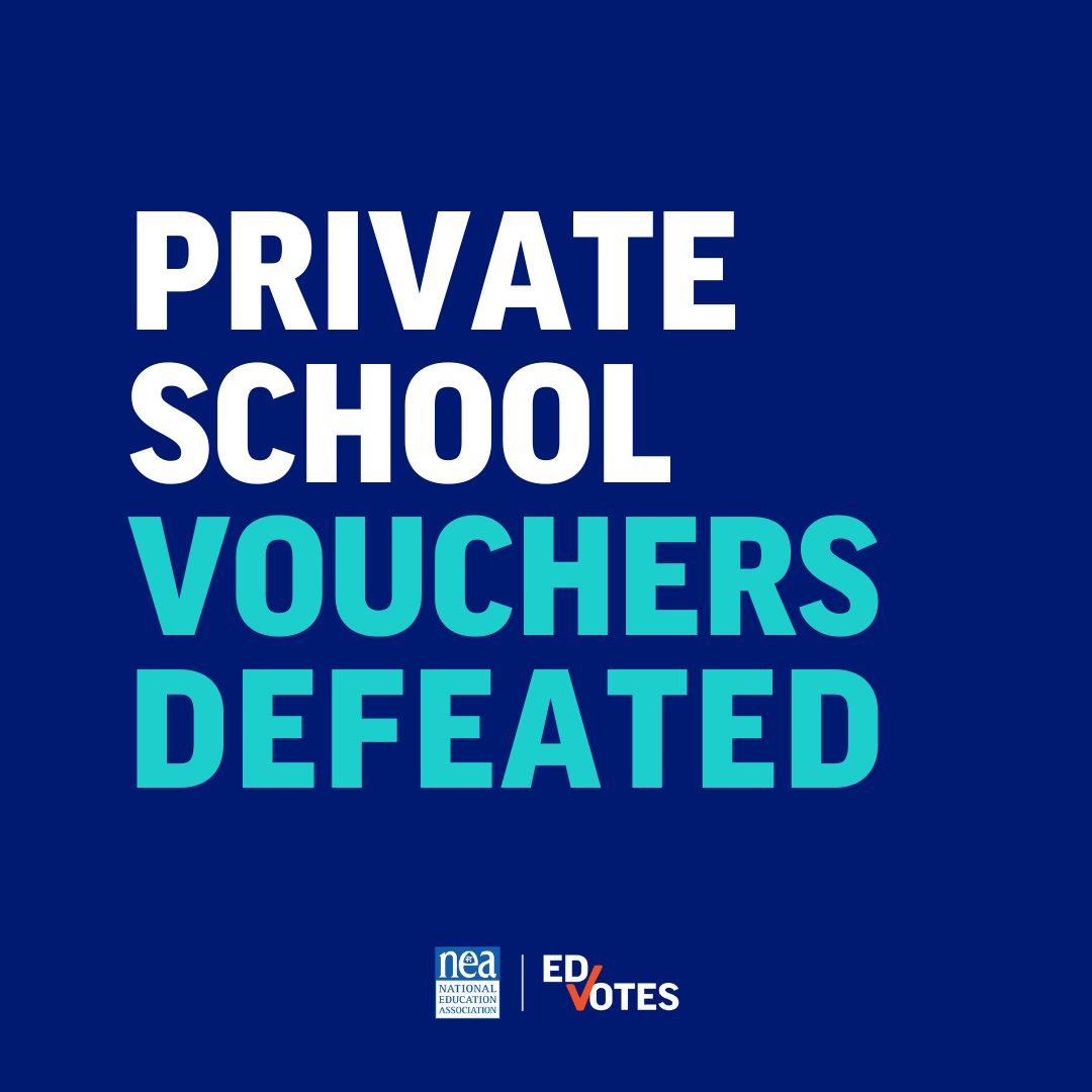 NEAToday's tweet image. Vouchers lose when voters choose. Voters from all backgrounds—rural, suburban, urban, Republican, Democrat—came together to defeat private school vouchers in Kentucky, Colorado, and Nebraska.
The message is clear: public funds should support public schools, not private interests.