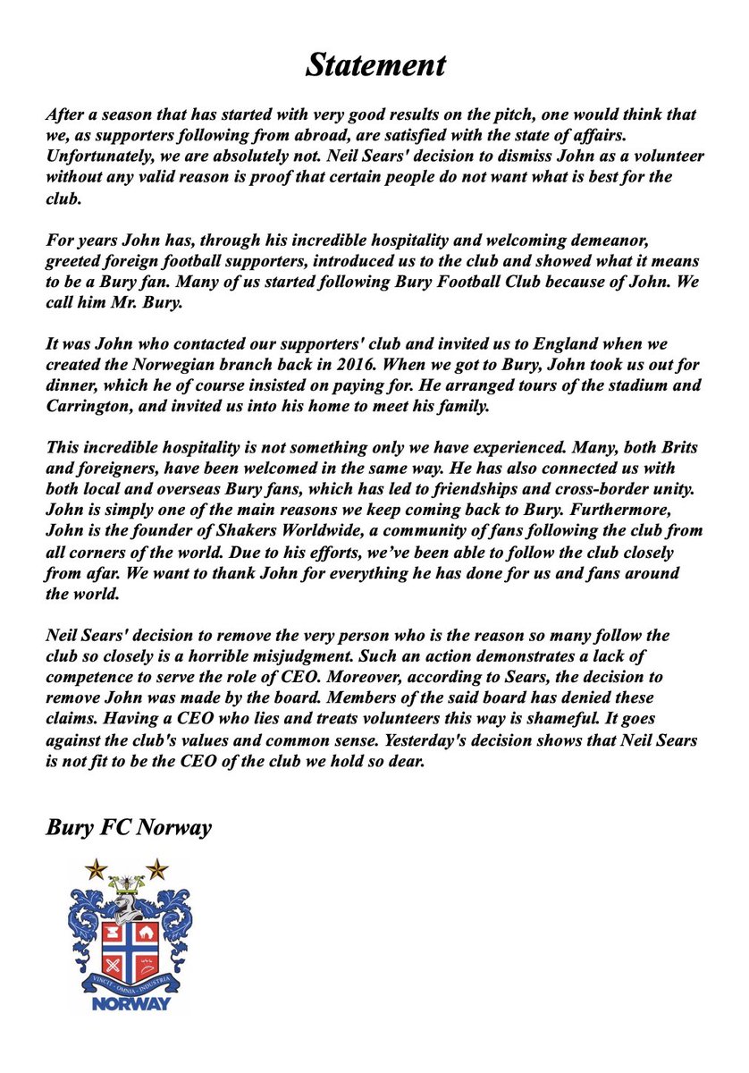 Statement 📜

<a href="/buryfcofficial/">Bury Football Club</a> <a href="/NeilSears6/">Neil Sears</a> 

#BuryFC