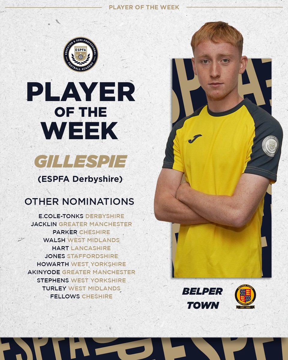 ESPFA (@espfacademy) on Twitter photo #MatchweekSeven | ESPFA Player of the Week
Congratulations to ESPFA Derbyshire (<a href="/BelperTownFC/">๐๐ฒ๐น๐ฝ๐ฒ๐ฟ ๐ง๐ผ๐๐ป | ๐ฃ๐ช๐ช๐ฅ</a> Yellow) student Ciaran Gillespie. #MatchweekSeven | ESPFA Player of the Week
Congratulations to ESPFA Derbyshire (<a href="/BelperTownFC/">๐๐ฒ๐น๐ฝ๐ฒ๐ฟ ๐ง๐ผ๐๐ป | ๐ฃ๐ช๐ช๐ฅ</a> Yellow) student Ciaran Gillespie.