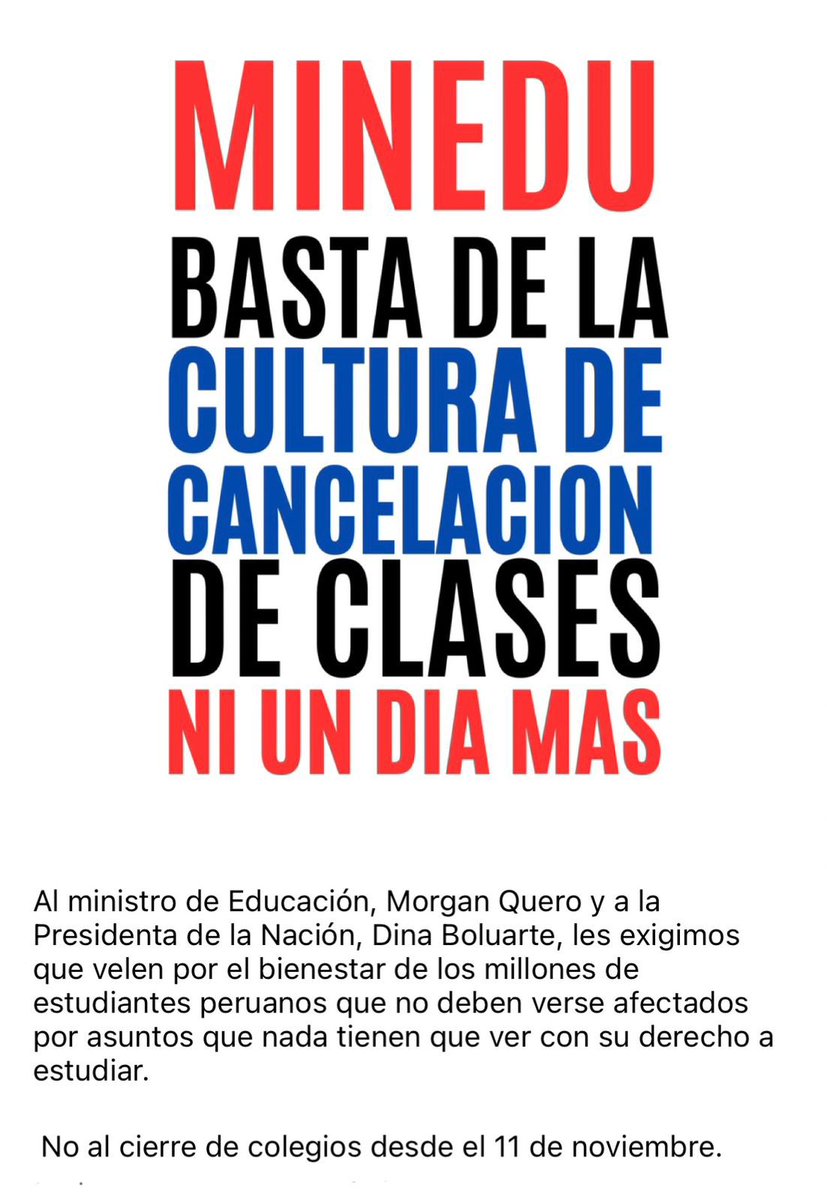 cgraym's tweet photo. @MineduPeru @presidenciaperu basta con la cancelación de clases! https://t.co/TTth7cH19s