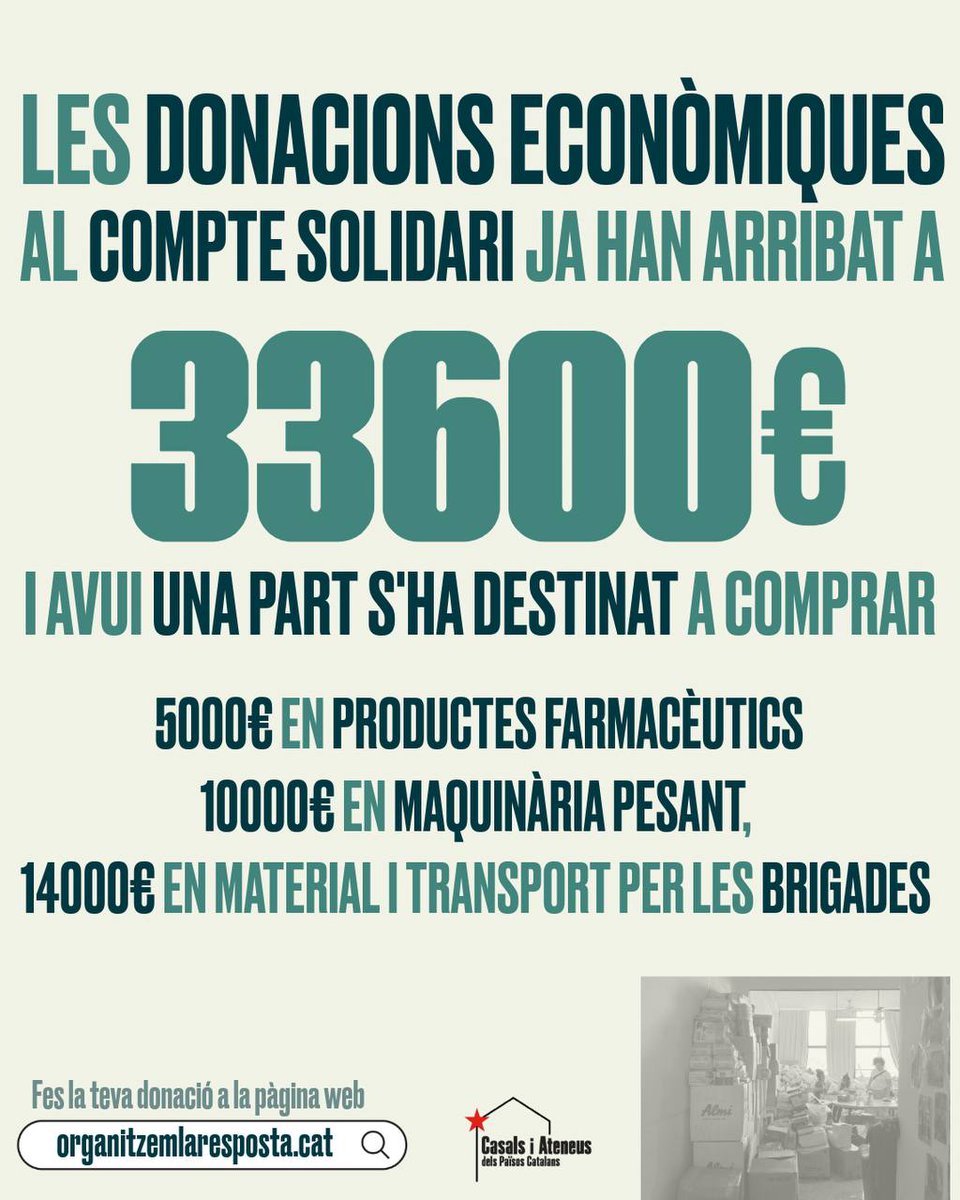 DONACIONS ECONÒMIQUES!

Ja hem arribat als 33.600€. Que s’ha fet amb aquests diners? En coordinació amb <a href="/SuportMutuDana/">Suport Mutu DANA València</a> s'ha comprat eines i maquinària necessàries per tal d'ajudar a les zones afectades. #DANAPV

👉🏽 ES74 3025 0002 4614 3344 7057