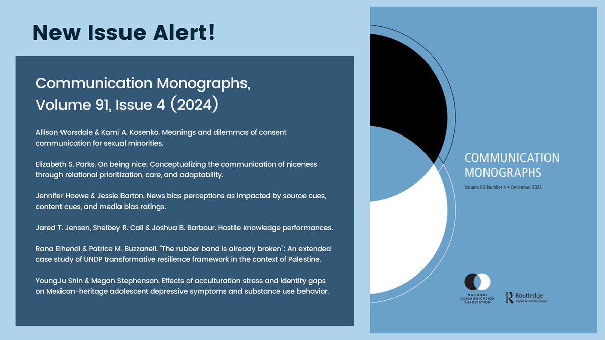 Check out our latest issue of Communication Monographs: Volume 91, Issue 4! 

tandfonline.com/toc/rcmm20/91/…