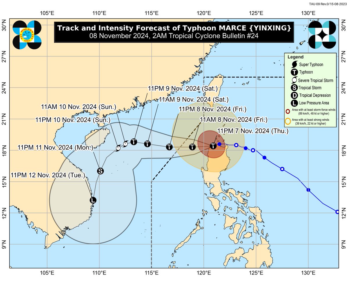 dost_pagasa's tweet photo. TROPICAL CYCLONE BULLETIN NR. 24
Typhoon #MarcePH (YINXING)
Issued at 2:00 AM, 08 November 2024
Valid for broadcast until the next bulletin at 5:00 AM today.

LIFE-THREATENING CONDITIONS PERSIST OVER THE NORTHERN PORTIONS OF CAGAYAN, APAYAO, AND ILOCOS NORTE AS “MARCE” MOVES GENERALLY WESTWARD OVER ILOCOS NORTE

TC Bulletin: https://t.co/V0eaamNNAR
Weather Advisory Link: https://t.co/y4TcZDk87N
Gale Warning Link: https://t.co/dZIxZzwPxF
Storm Surge Link: https://t.co/APhJC1tgJa
TC Warning Agriculture: https://t.co/vbPNCnrgr4