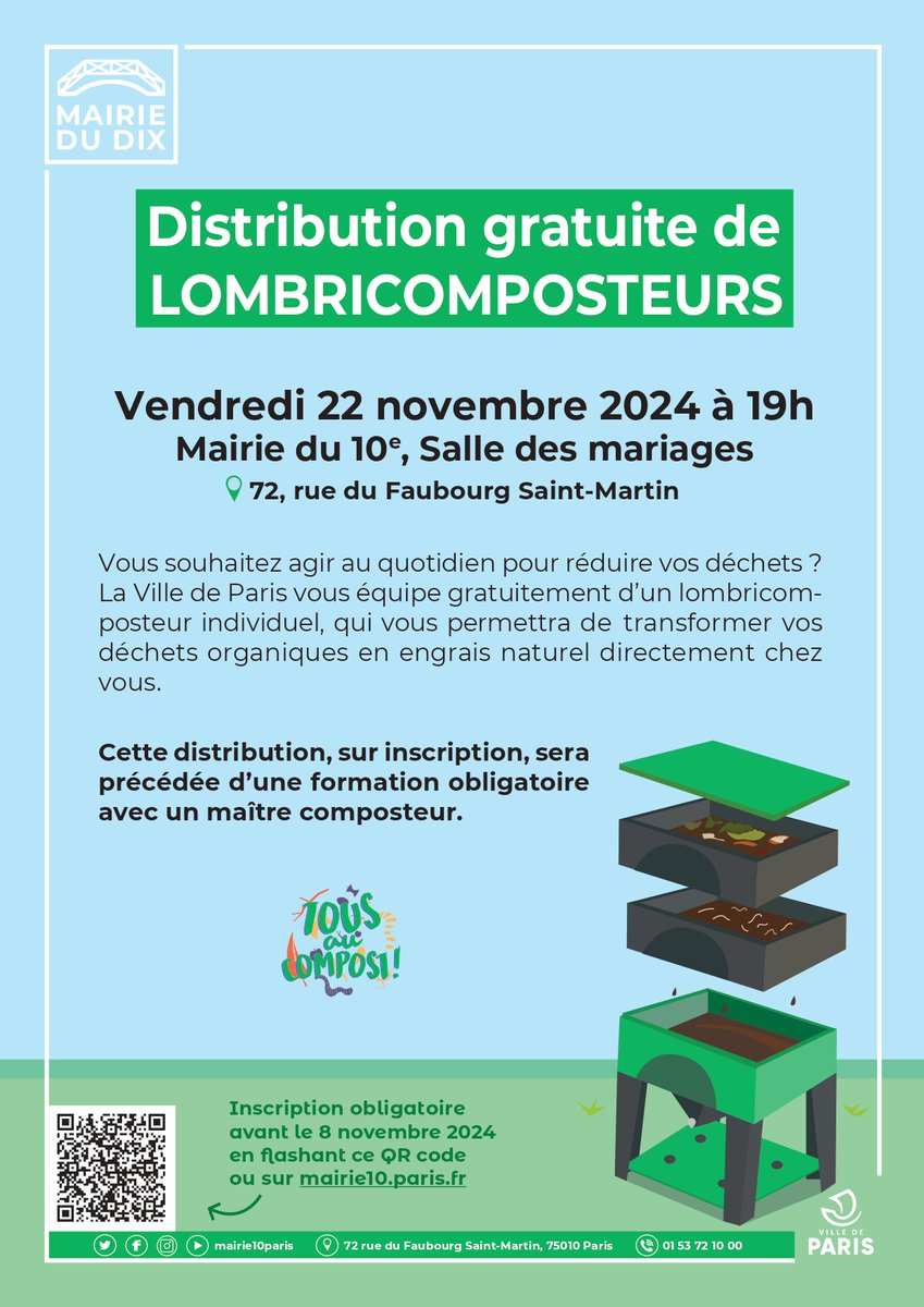 ♻️Envie d'agir au quotidien pour réduire vos déchets? Inscrivez-vous pour bénéficier de la prochaine distribution gratuite de lombricomposteurs, prévue le vendredi 22 novembre à 19h en Mairie de #Paris10!
Pour en savoir plus et vous inscrire, c'est ici⤵️ mairie10.paris.fr/pages/biodeche…