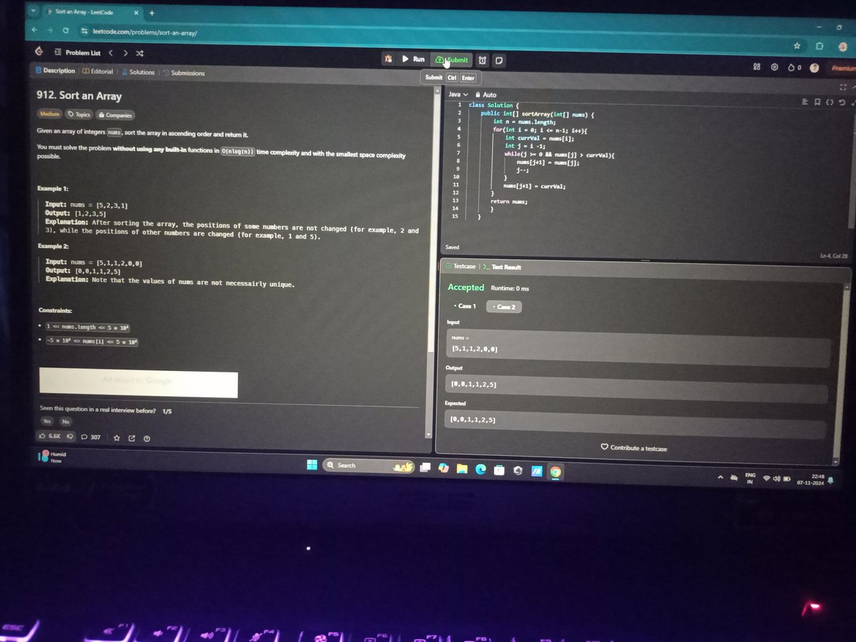 rishabhgiri024's tweet image. ✅ Solved LeetCode problem #912 and leveled up my sorting skills with insertion sort! Big thanks to @kunalstwt for the awesome explanation in his DSA series on YouTube.#Day1
#100DaysOfCode #Java #DSA #CodingJourney #LeetCode