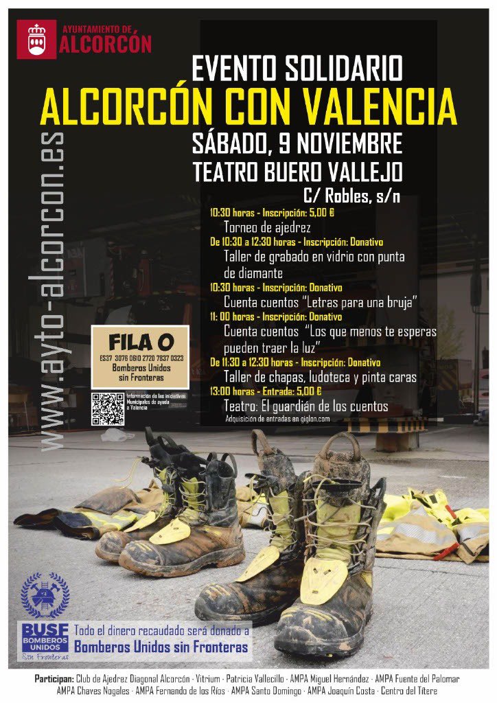 Desde <a href="/AytoAlcorcon/">Ayuntamiento de Alcorcón</a> nos informan de esta interesante iniciativa solidaria para ayudar a los afectados por la #DANA en Valencia. El dinero recaudado será para apoyar a <a href="/bomberosunidos/">Bomberos Unidos BUSF</a> que se encuentran trabajando en la zona. Todo ello tendrá lugar en el Teatro Buero Vallejo.
