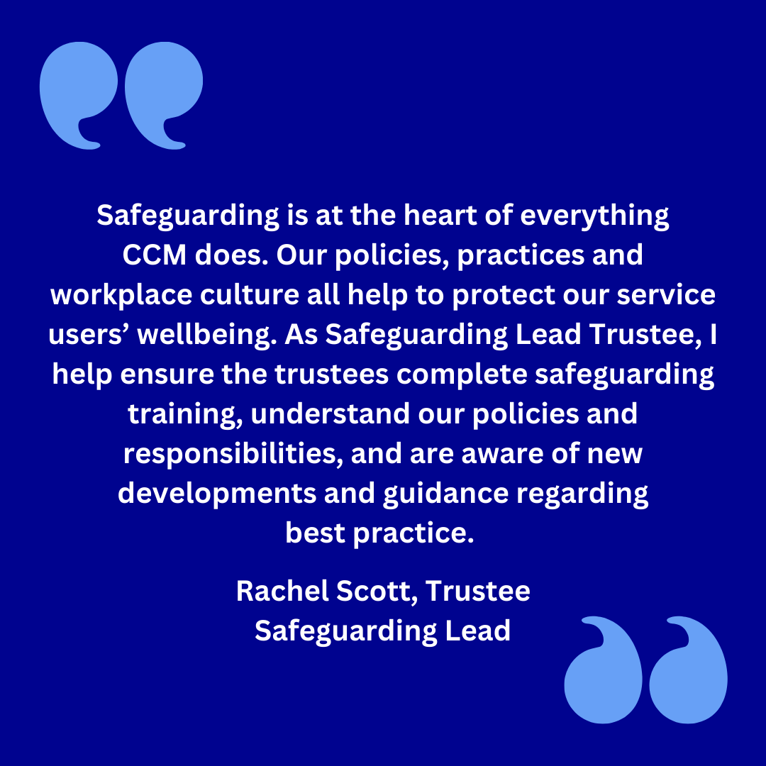 Today as part of our #TrusteesWeek celebrations, meet Rachel, our Board's Safeguarding Lead.  Rachel has devoted her career to working with vulnerable people and says CCM holds a special place in her heart as it makes a big difference to the lives of people we work with.😊