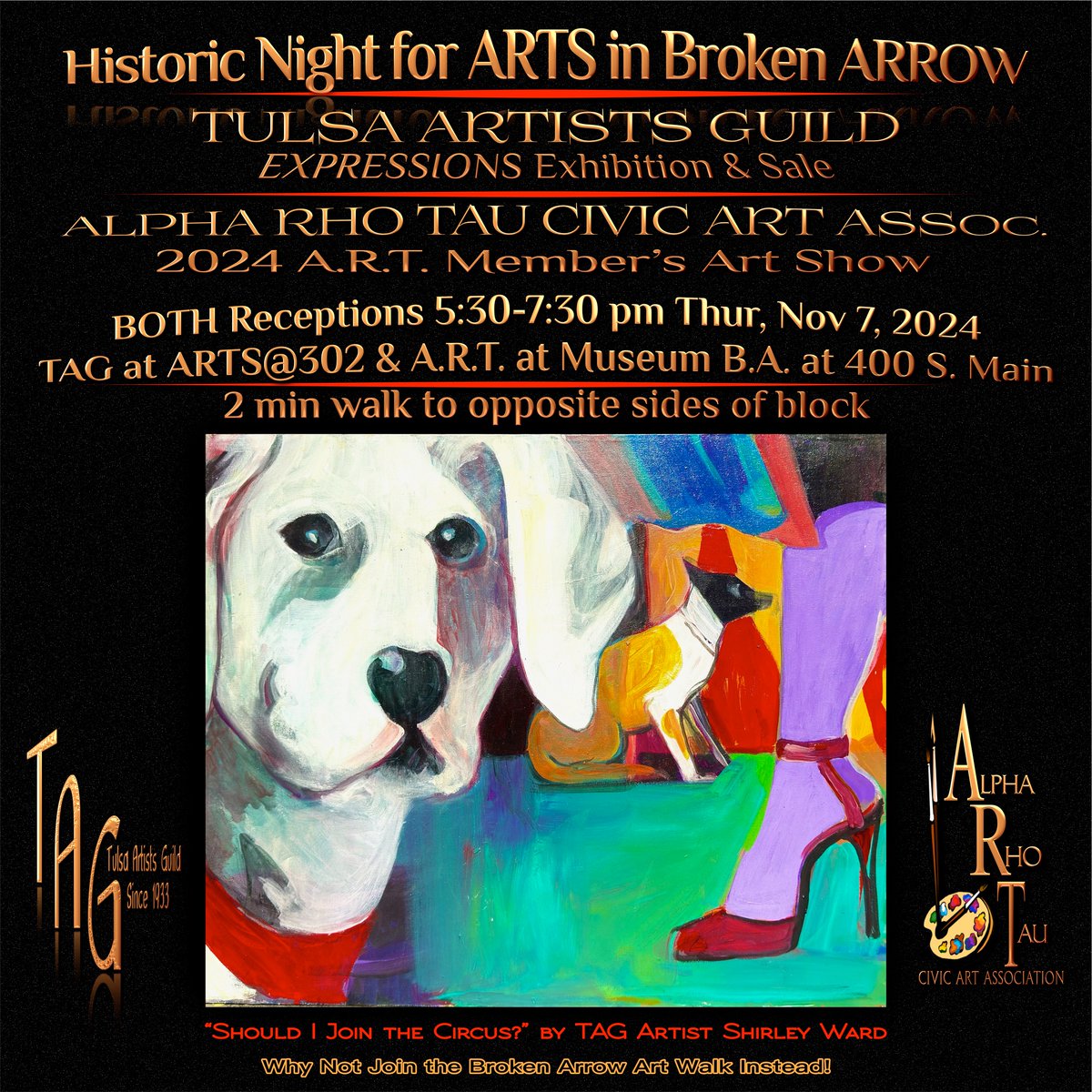 HISTORIC NIGHT FOR ARTS IN BROKEN ARROW!! 2 of the oldest Art Groups n OK both- Receptions  2 min walk apart! TAG EXPRESSIONS RECEPTION &amp; A.R.T. 2Nite 5:30-7:30pm MainST n BrokenArrow #fineart #oklahoma #tulsaartists #Art #brokenarrow #EventsNearYou #fineart #Oklahoma #Tulsa