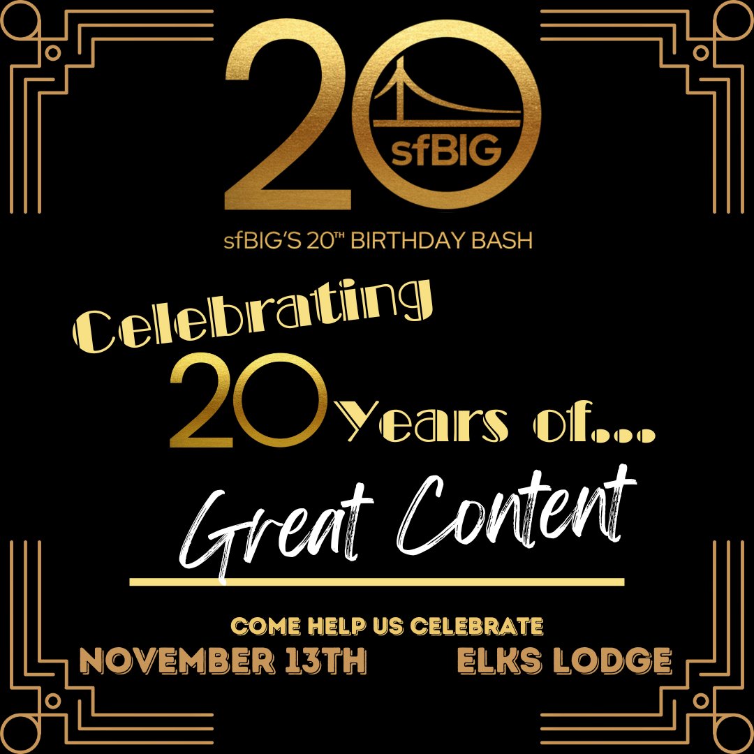 Celebrating 20 Years of Great CONTENT! sfBIG is all about bringing interesting and timely topics to the community through our brilliant thought-leaders and up-and-comers. Be a part of the celebration on Nov 13th! sfbig.org/event/sfbigs-2…