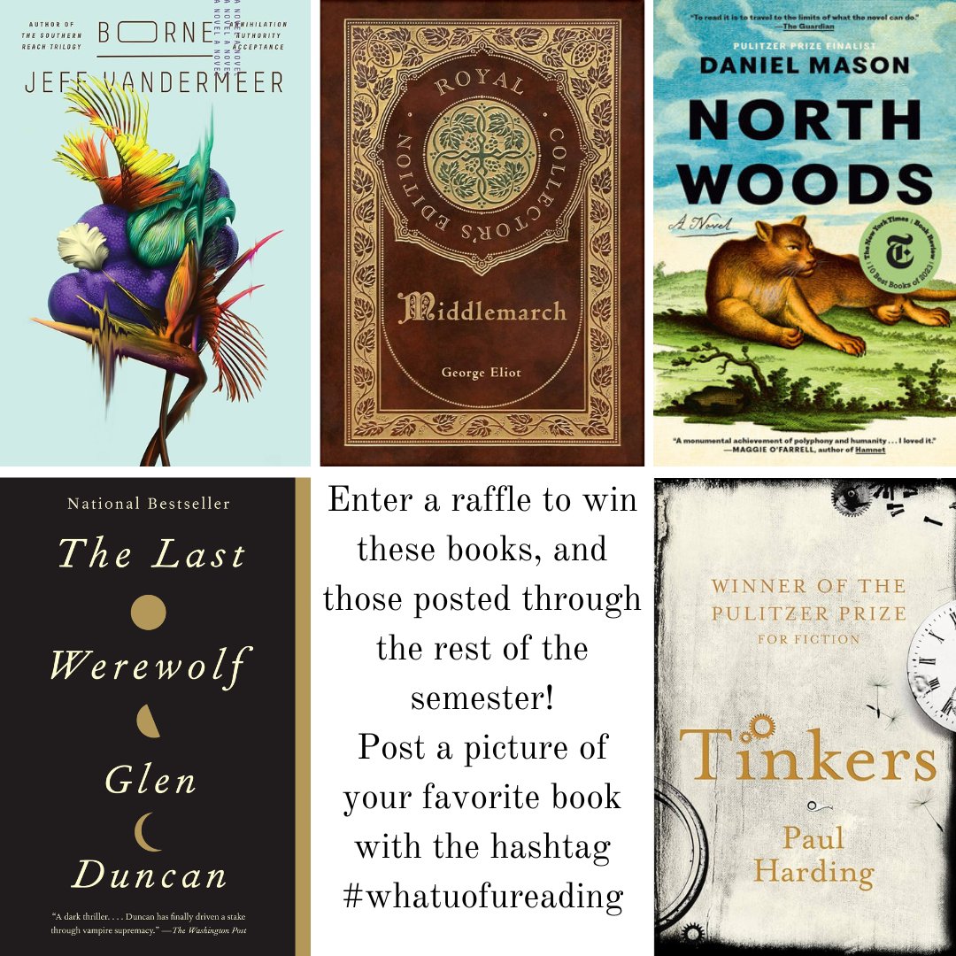 Enter a raffle to win these books, and those posted through the rest of the semester!
Post a picture of your favorite book with the hashtag
#whatuofureading
The winner will be selected at the end of this semester