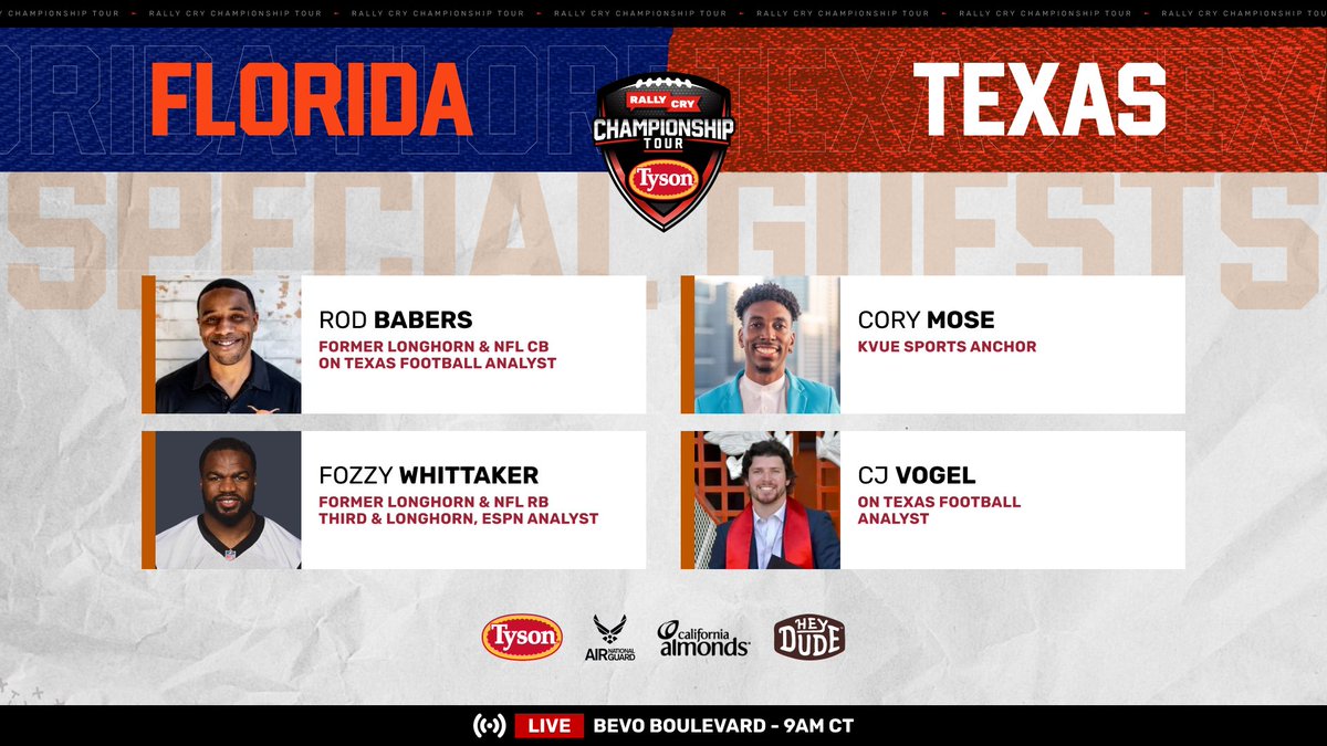 teamRallyCry's tweet photo. Longhorn Nation, get ready! Special guests are taking the @EASPORTSCollege Rally Cry Championship Tour stage this Saturday. 🤘

Who’s bringing home the W? Drop your predictions below and show your support! 🎮🏈

#CFB25 | #HookEm https://t.co/S1HEC1yiQm
