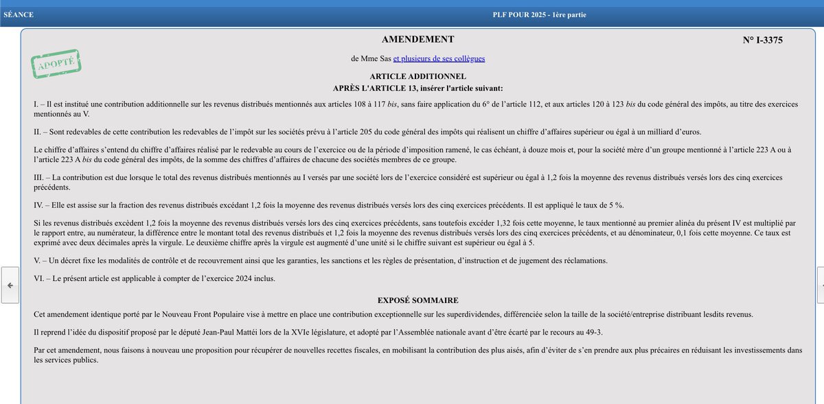1% foyers fiscaux concentrent 96% des dividendes versés. 

0,01% captent à eux seuls le tiers des dividendes, soit plus d'un million d'euros par foyer

👉Nous proposions avec le #NFP de taxer les super-dividendes aux actionnaires

Adopté !