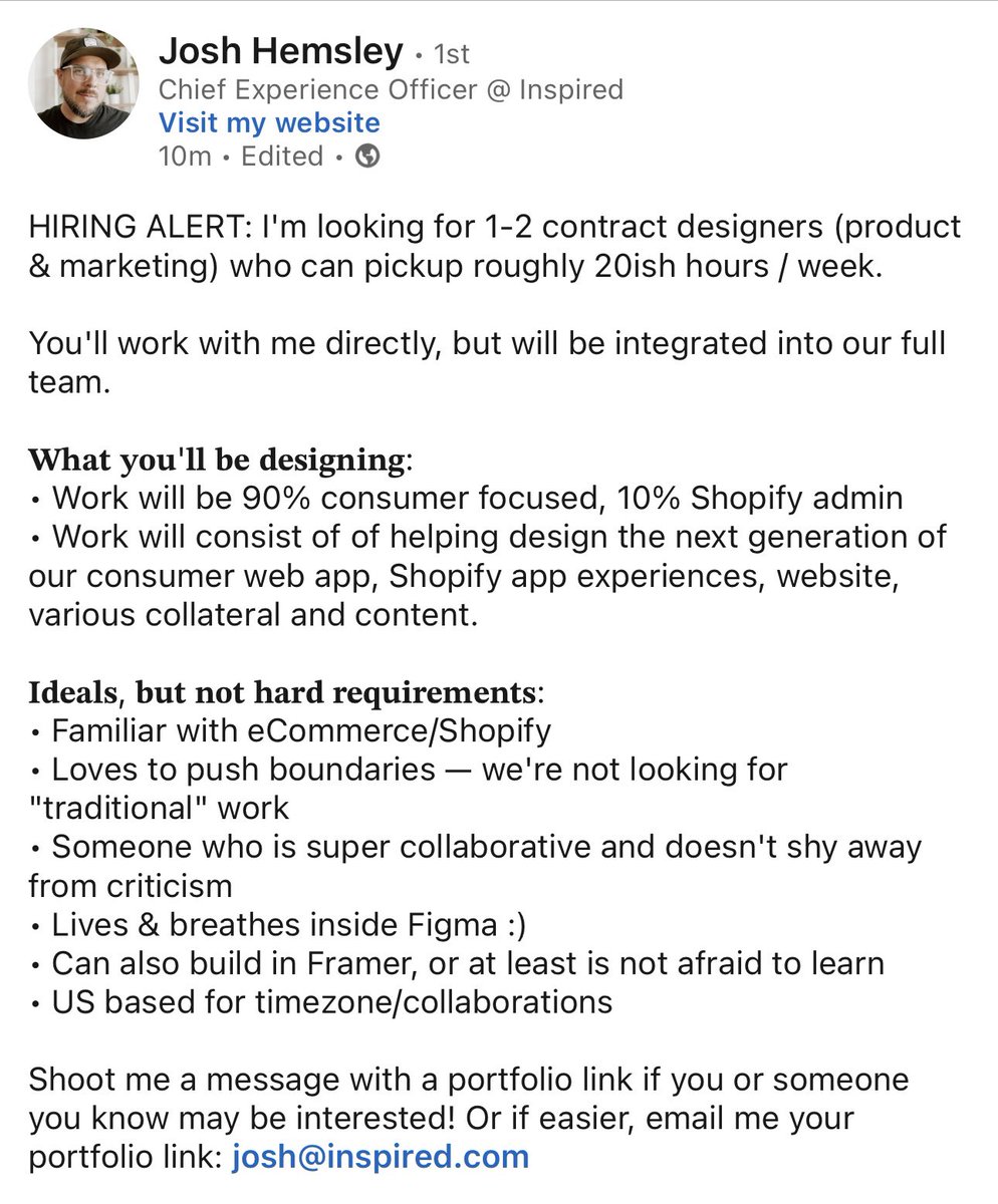 Hiring alert 🚨 Come work with the best in the biz <a href="/joshhemsley/">Josh Hemsley</a> at <a href="/inspired/">Inspired</a> 🖤🚀