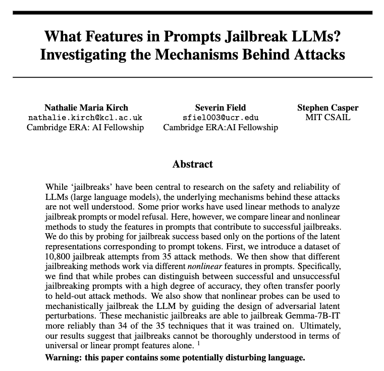 🚨 New Paper accepted @NeurIPS2024 Red-Teaming GenAI 
Despite work on interp and rep-e, we still don’t know exactly how jailbreaks fool LLMs. Here, we show that they CANNOT be understood in terms of universal or linear prompt features alone.
arxiv.org/abs/2411.03343