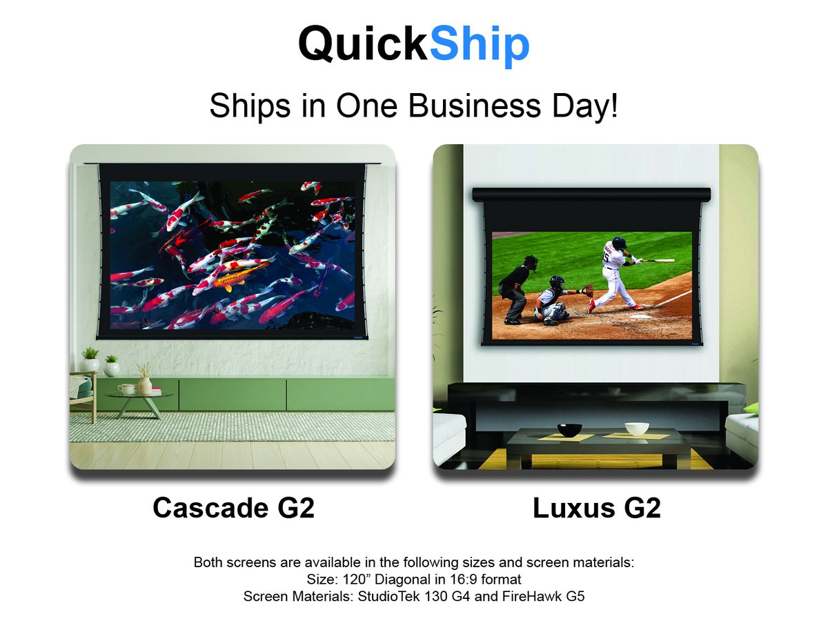 We’re excited to announce that QuickShip now offers the Cascade G2 and Luxus G2 retractable screens, ready to ship in one business day! #quickship #stewartfilmscreen mailchi.mp/stewartfilmscr…