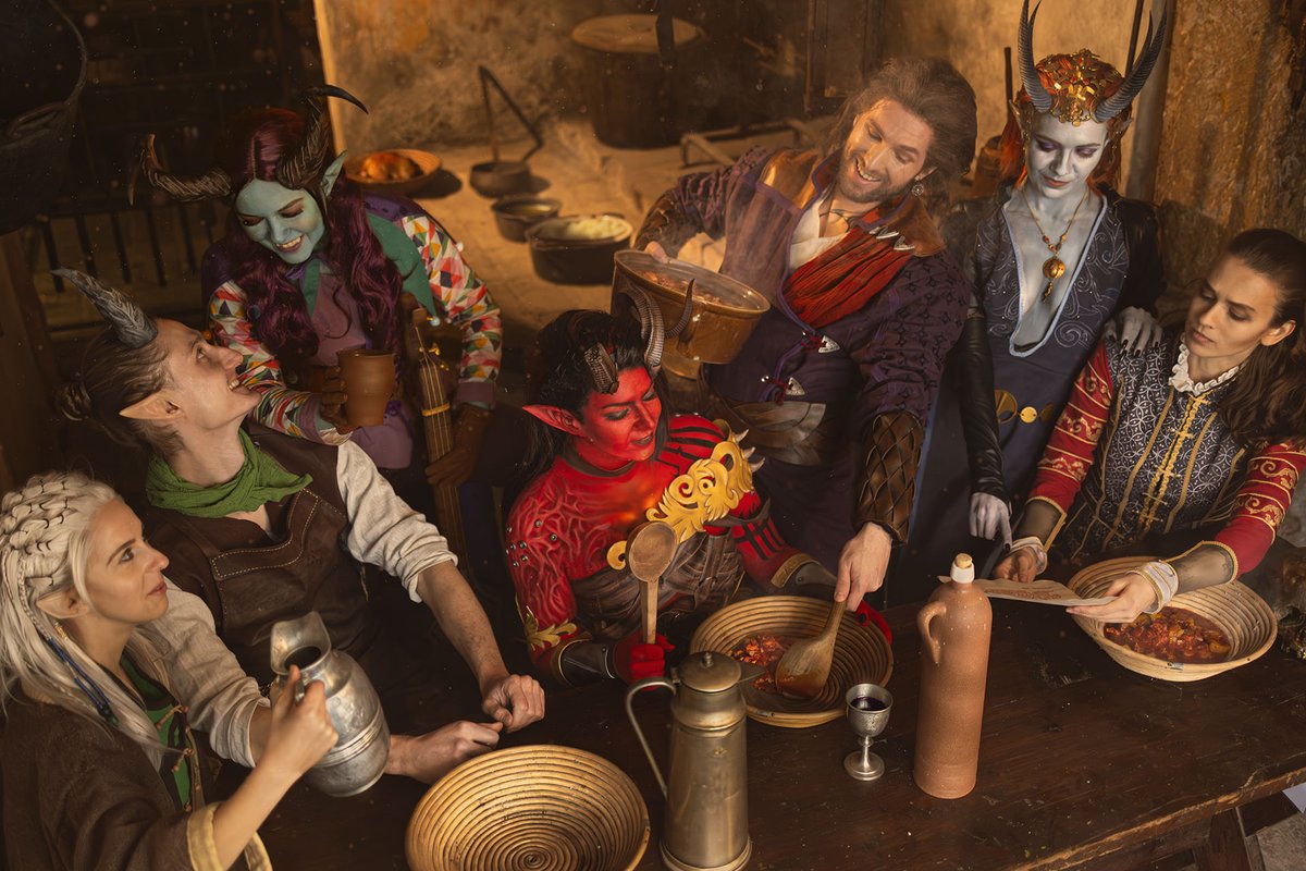 "Gale's always on the cooking duty." 👨‍🍳

IG tags:
Jaheira: @jirackovav
Dammon: @elthien_armory
Alfira: @nancy_boy_red
Karlach: <a href="/SovaSovaSewing/">Bára Štrynclová</a> 
Gale: MaryandFeinobi
Mizora: @awaki_cosplay
Raphael: <a href="/marketa/">marketa</a>.anna.log
📸matt_tries_cosplay with edit by Feinobi

<a href="/larianstudios/">Larian Studios</a> #BG3