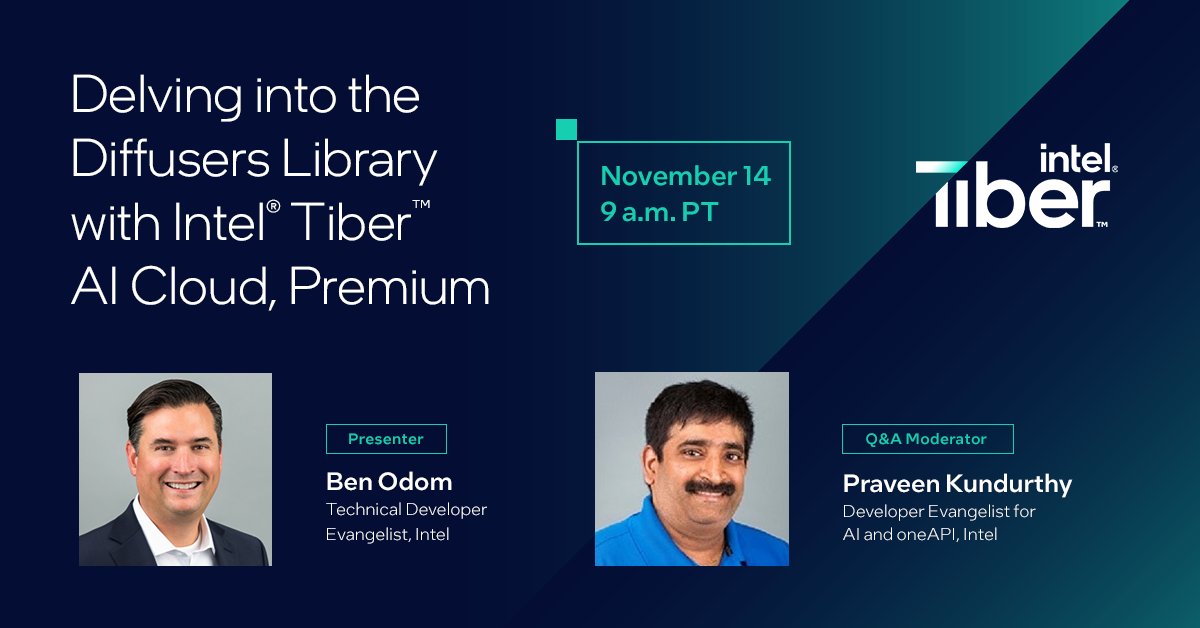IntelSoftware's tweet image. Wondering how to maximize the diffusion models with #OpenVINO and the enhanced version of the Intel Tiber AI Cloud? Then this is the workshop for you! Learn how you can go beyond #JupyterNotebooks and build unique, stunning experiences. Register now: intel.ly/40yRKNm