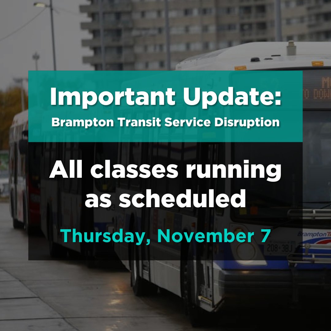 fleming_toronto's tweet photo. The City of Brampton is currently experiencing a service disruption to Brampton Transit. 

All FCT locations will remain open, and all classes will proceed as scheduled. 

For the latest information on class schedules, please check your Canvas account.

#FCT #MyFCT https://t.co/5YB4HXXvBB