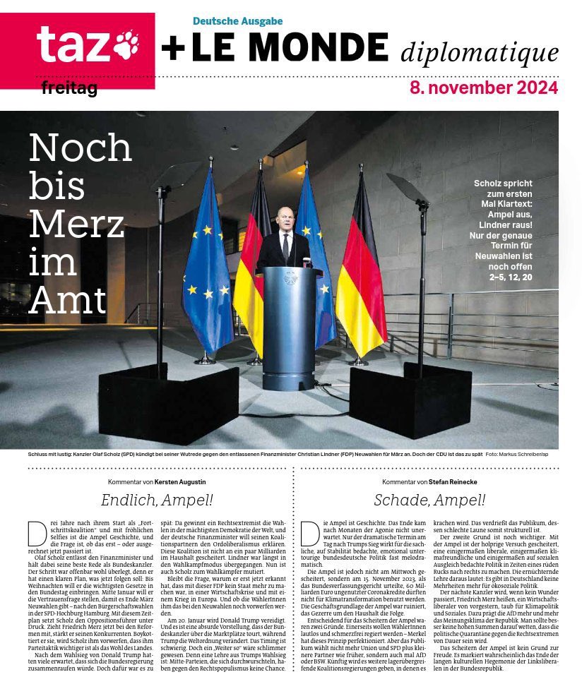 So geht Titel. Respekt, <a href="/tazgezwitscher/">taz</a>. Das kann niemand besser.

Deutschland, ab auf die Beine jetzt. 

<a href="/uwiworks/">Ulrike Winkelmann</a> <a href="/BarbaraJunge/">Barbara Junge</a> #qualitätsmedien #Ampel #AmpelAus #lindner #scholz