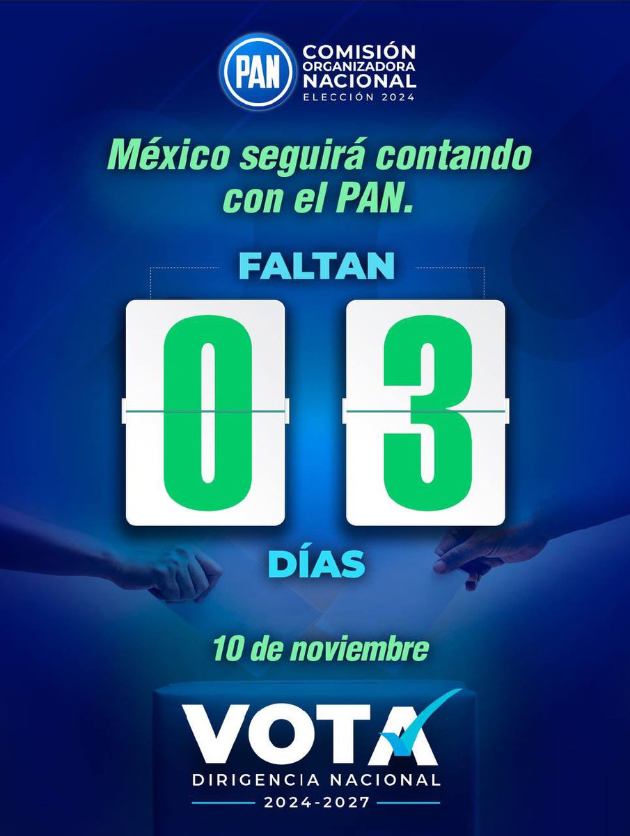 CONECEN_2024's tweet photo. En 3 días, la militancia decide el futuro del partido.

Participa en la elección de este domingo 10 de noviembre y hagamos más fuerte a @AccionNacional

#ElecciónPAN2024 https://t.co/jBHaJcQeWf
