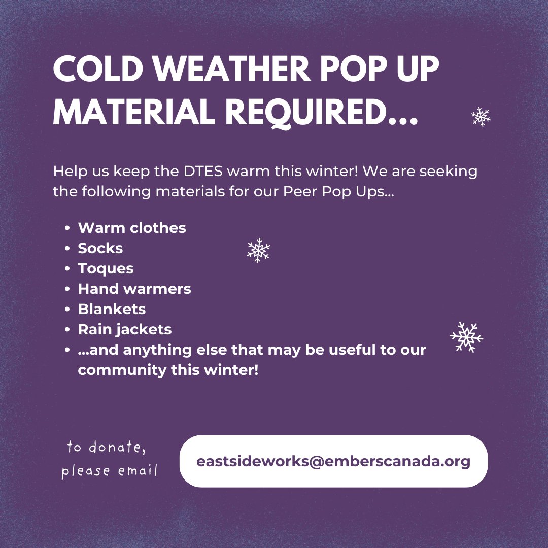 EMBERS Eastside Works is seeking donations to make Winter Pop Ups possible! Help us keep the #DTES warm this winter.

To coordinate a donation, please email eastsideworks@emberscanada.org or call (604)-620-4587. Thank you for your support #Vancouver 💜