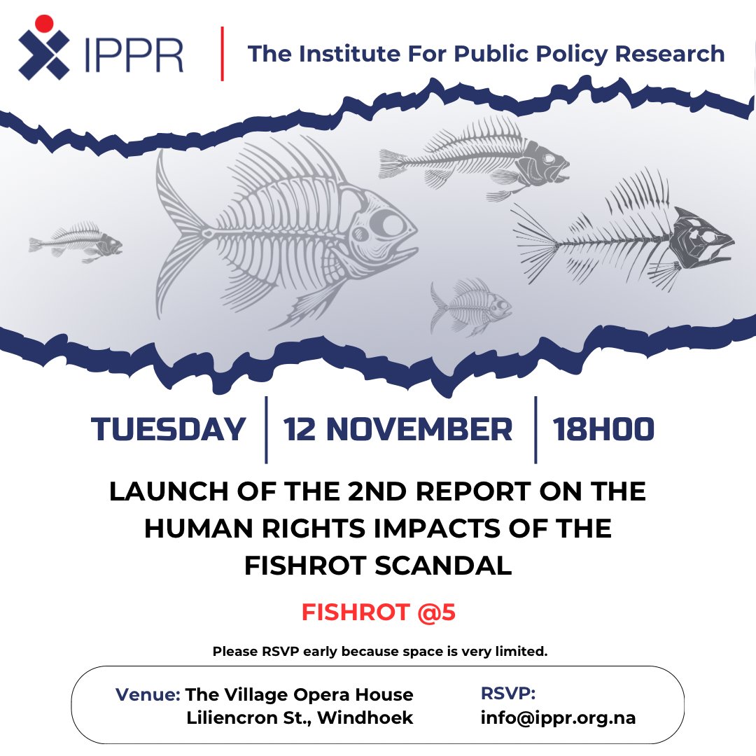 The IPPR will be launching the 2nd Fishrot Human Rights Impact report on Tuesday 12 November. The timing is significant. Five years ago - on 13 November 2019 - Namibians first learnt of the #Fishrot scandal through media reports in <a href="/TheNamibian/">The Namibian</a> 
#humanrights #CORRUPTION