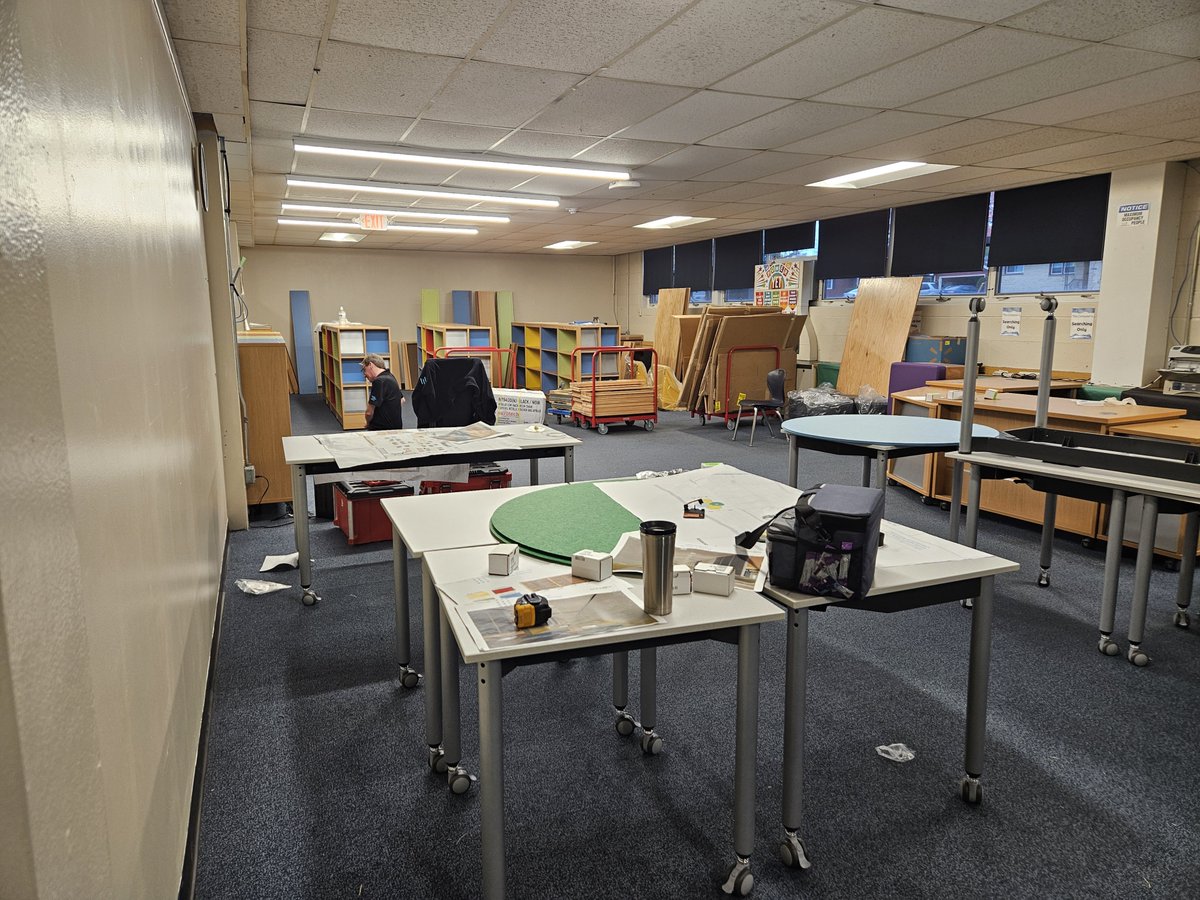 Library construction is on hold due to some missing parts, but I love the new acoustic clouds on the ceilings. Our library chairs even match the colors for our "houses" at #WestZD6. <a href="/JedwardsJoseph/">Joseph Edwards</a> #WestisBest