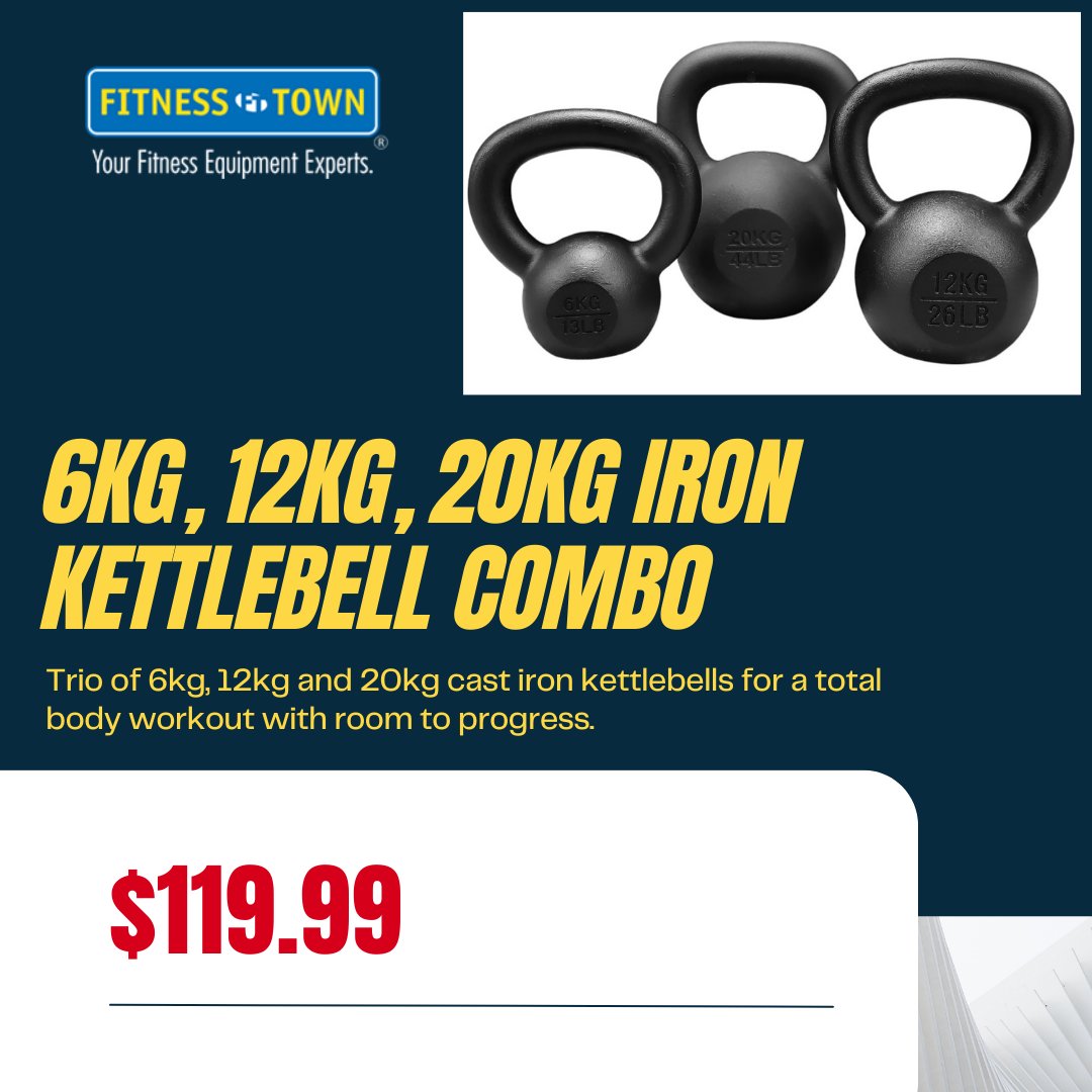 FitnessTown's tweet photo. This combo pack includes one each of 6kg, 12kg and 20kg cast iron kettlebells for a total body workout with room to progress. Buy our three most popular weights together and save! https://t.co/XzHVwICjaK

#fitness #blackfriday2024 #blackfridaysale #kettlebellworkout https://t.co/FT50v49gwc