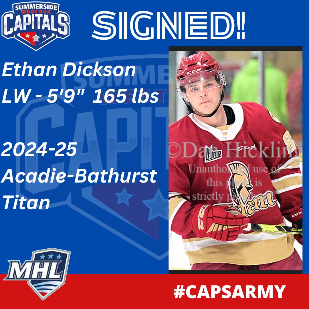 SIGNED! We have signed forward Ethan Dickson. He started the season with the Acadie-Bathurst Titan in the QMJHL and was a standout with the Kensington Wild last season! Welcome home Ethan! #CapsArmy