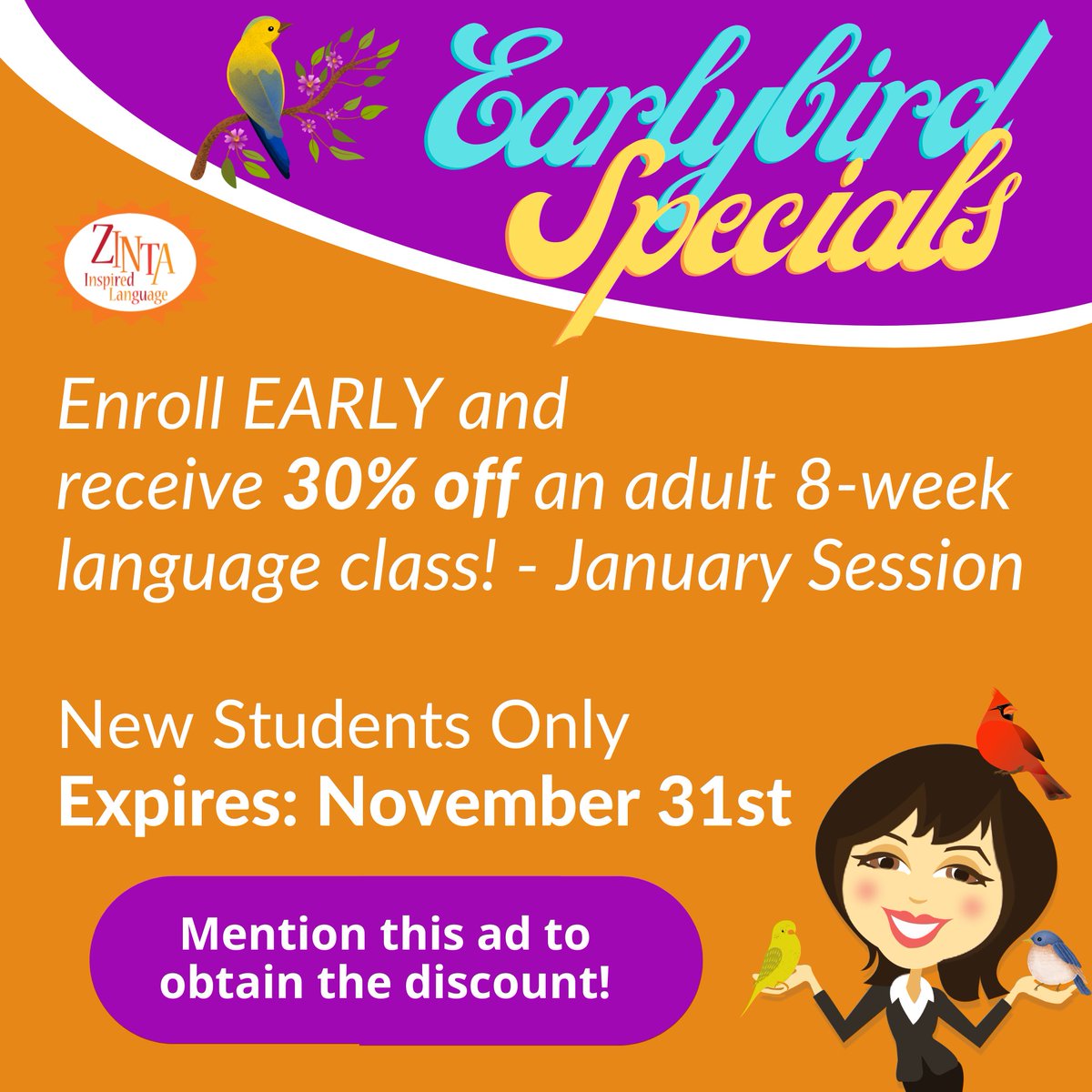 zintainspired's tweet image. Don’t let this deal fly away! 🐦 Early bird special ends on November 31st—snag it before it’s gone! ⏰
#classes #languageclasses #Spanish #Italian #portuguese #french #ASL #signlanguage #ZintaLanguage #ZintaInspiredLanguage