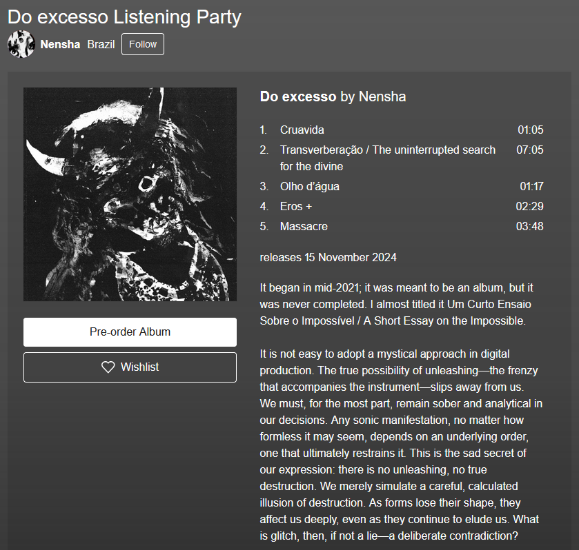 Join us for a listening party of Nensha's new EP "Do excesso" in its entirety, a couple of days before release, on November 13th 20:00 UTC

nenxa.bandcamp.com/live/do-excess…
or link in bio

#hyperglitch #glitch #glitchmusic #glitchart
