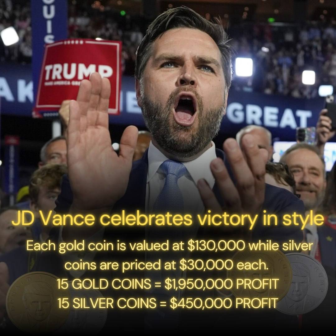 JD Vance celebrated his victory with Trump’s First Edition Gold &amp; Silver Coins. They’re real investments with tangible returns that Americans are cashing in on every day.

💵Each Silver Coin is currently valued at $30,000 for exchange and starting by December the price is