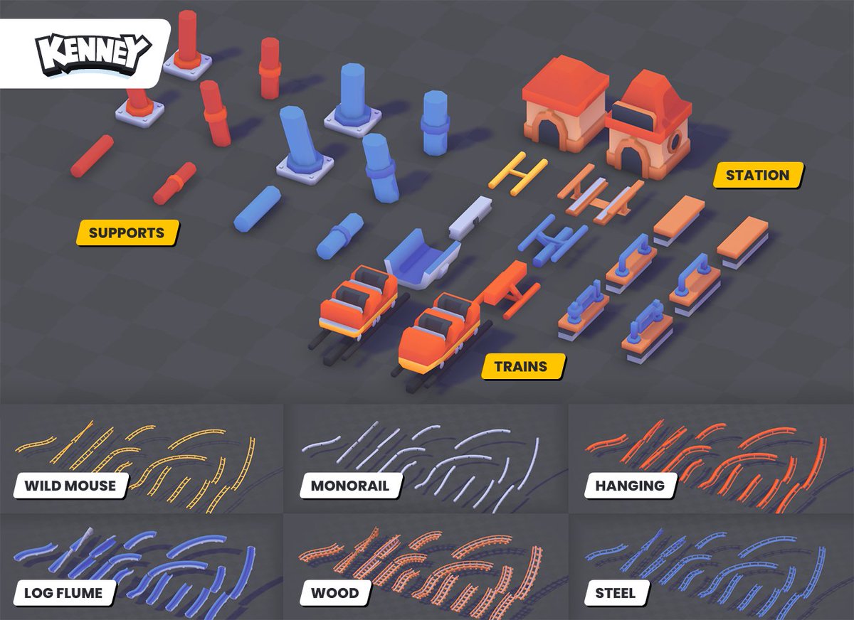 Next week I'll be releasing the Coaster Kit! It'll include 3D models of various coaster types including track pieces, spline pieces, supports, stations, trains and more. 70+ models!

All free, as usual ✨