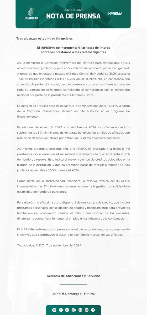 El Pleno de Comisionados del Inprema informó hoy que el ente previsor  no incrementará las tasas de interes sobre los créditos vigentes.
Para más información leer el comunicado.
#coprumh #Inprema