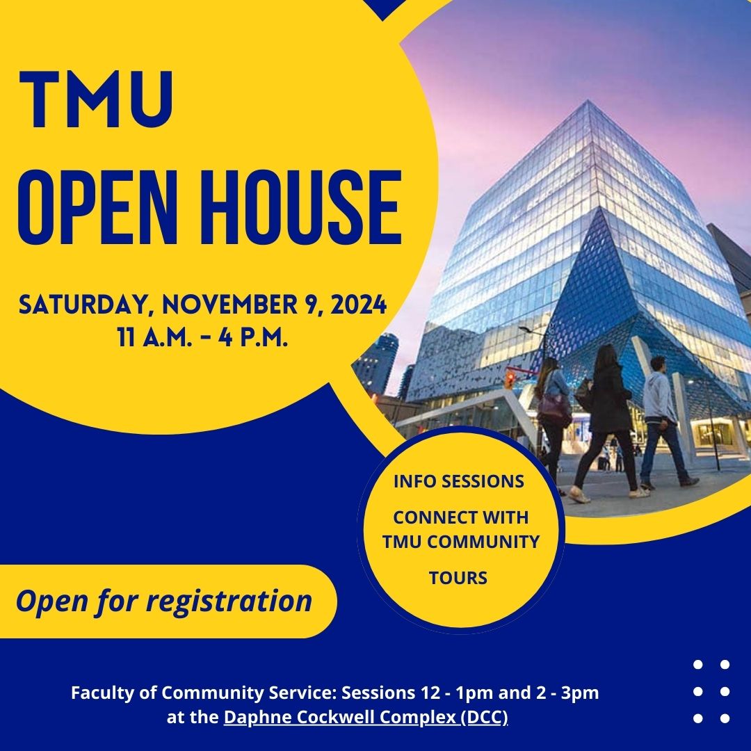 Join us on Saturday, November 9, 2024, from 11 a.m. to 4 p.m for Toronto Metropolitan University Open House! 

You can look forward to information sessions, meeting our community/staff and tours around campus.

torontomu.ca/admissions/und…