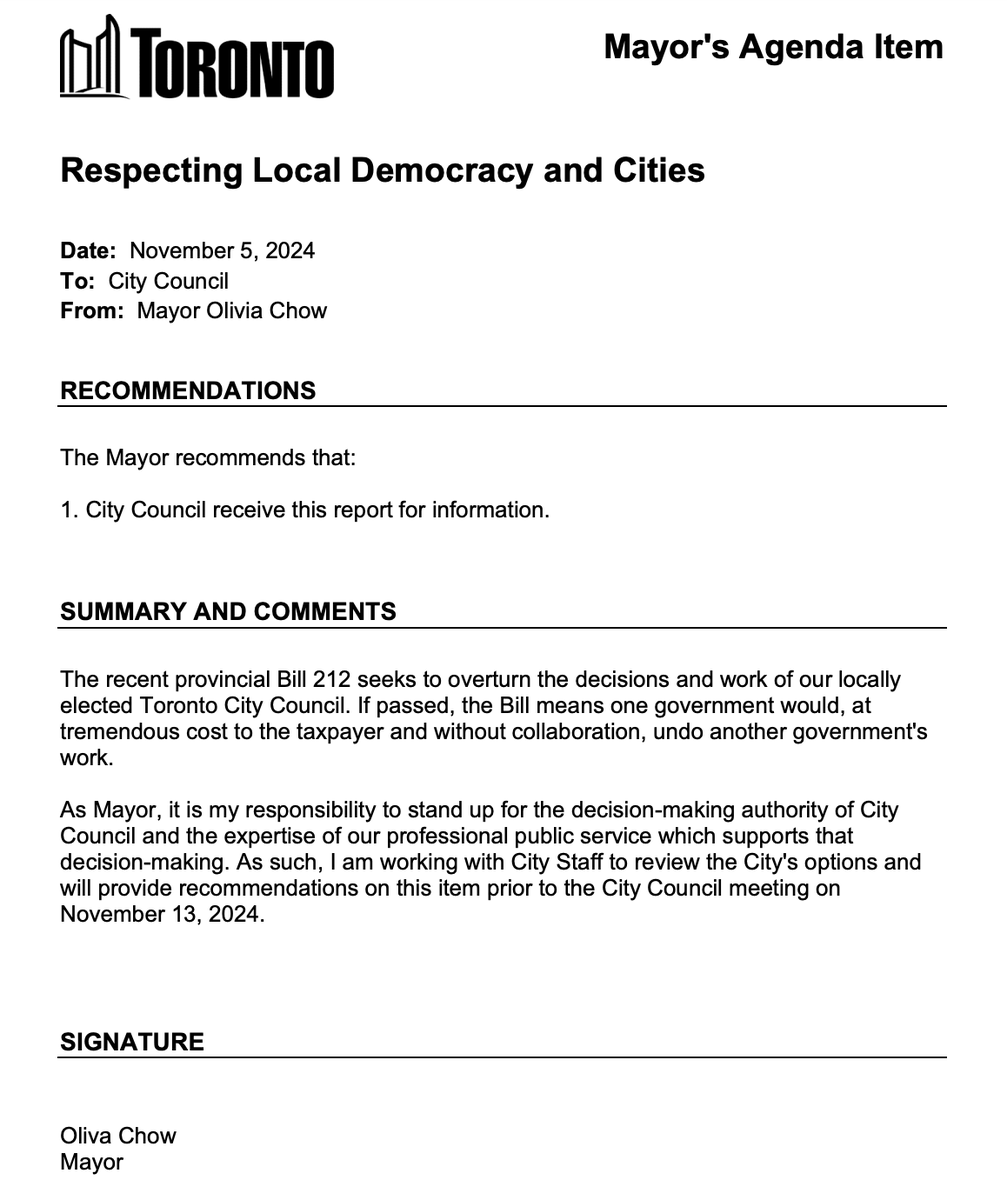 Observing The City (@observinthecity) on Twitter photo It seems like <a href="/MayorOliviaChow/">Mayor Olivia Chow 🇨🇦</a> is going to introduce some type of item that outlines the city's response to our local democracy being overridden. There must be firm resistance to Bill 212. If the province gets its way, no municipal decision is safe: transit, sidewalks, housing. It seems like <a href="/MayorOliviaChow/">Mayor Olivia Chow 🇨🇦</a> is going to introduce some type of item that outlines the city's response to our local democracy being overridden. There must be firm resistance to Bill 212. If the province gets its way, no municipal decision is safe: transit, sidewalks, housing.