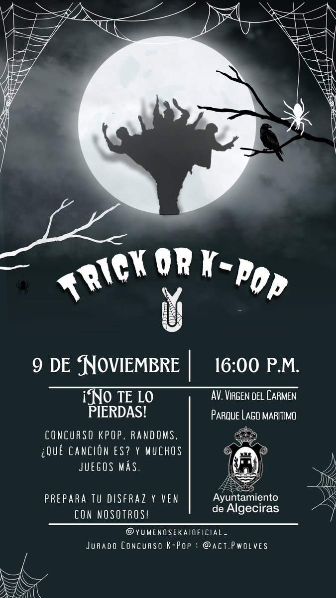 YumeNoSekaiCG's tweet photo. Recordamos que este Sábado tendrá lugar en el Lago Maritimo de Algeciras el evento "Trick or K-Pop" con @pirate_wolves_ como jurados del concurso. https://t.co/i2NZvkjlbk