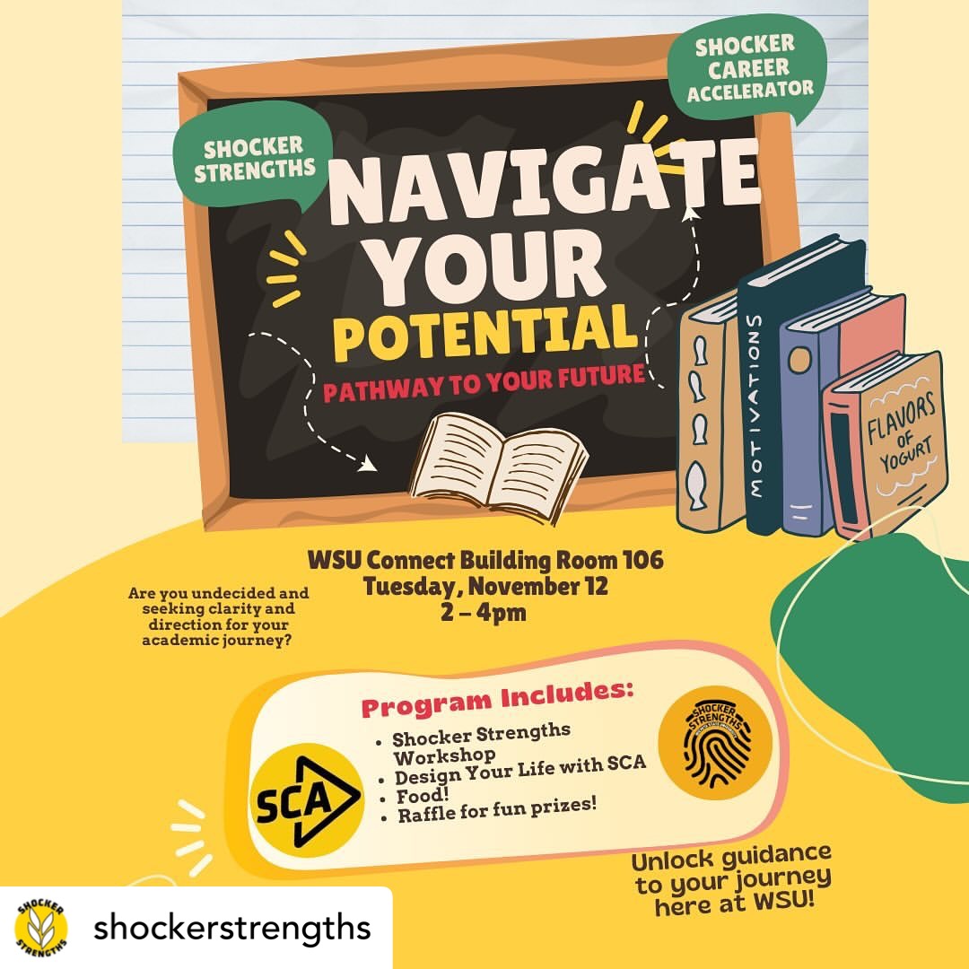 🎉 Unlock your potential! Join Shocker Strengths &amp; Shocker Career Accelerator for a workshop to discover your strengths and design your life! 🗓 Nov. 12, 2-4pm 📍 WSU Connect Bldg, Room 106. Don’t miss it! #Shockers #WichitaStateUniversity #Strengths